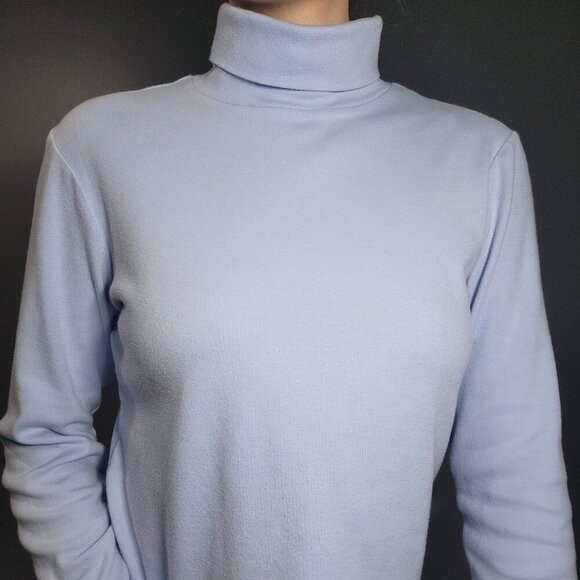 Vintage 90s soft baby blue cotton turtleneck sweater - Picture 2 of 13
